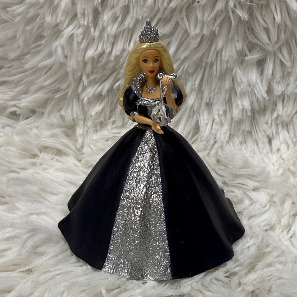 1999 Barbie Christmas Ornament Elegant Black and Silver Princess Figurine